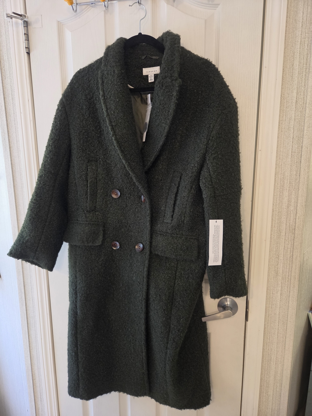 Topshop Dark Green Bouclé Double-Breasted Pea Coat